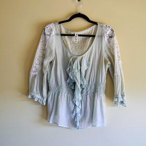 Anthropologie Floreat Mint Lace Ruffled Silk & Cotton Blouse, Size 10